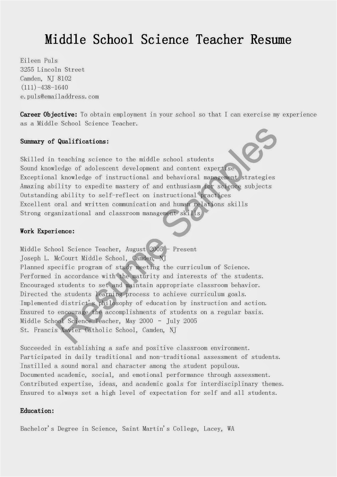 Sample Resume for Middle School Science Teacher Resume Samples Middle School Science Teacher Resume Sample