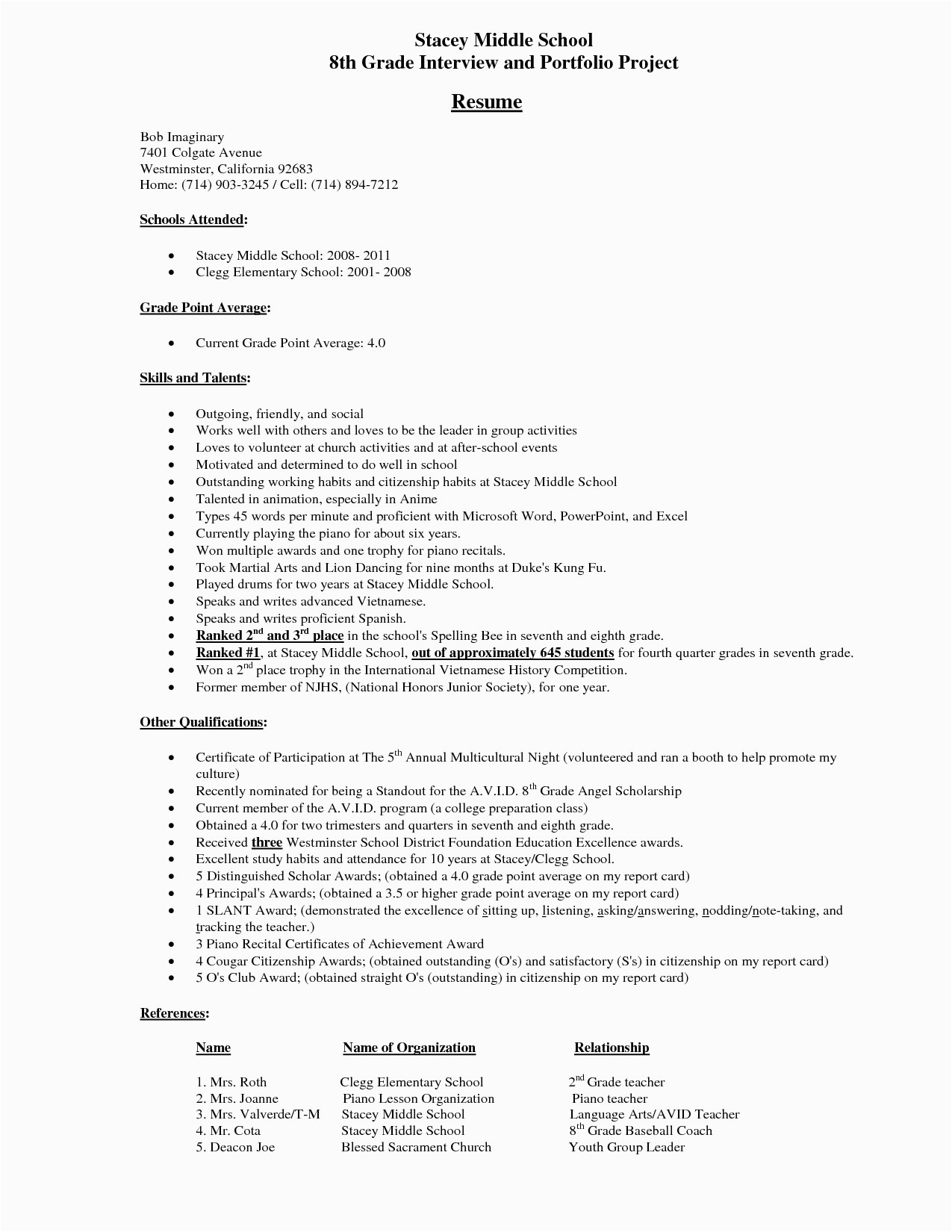 Sample Resume for Middle School Students Junior High School Student Resume