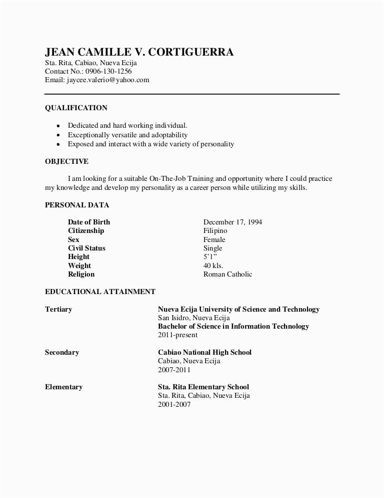 Sample Resume for Ojt Students Job Training Resume for Ojt