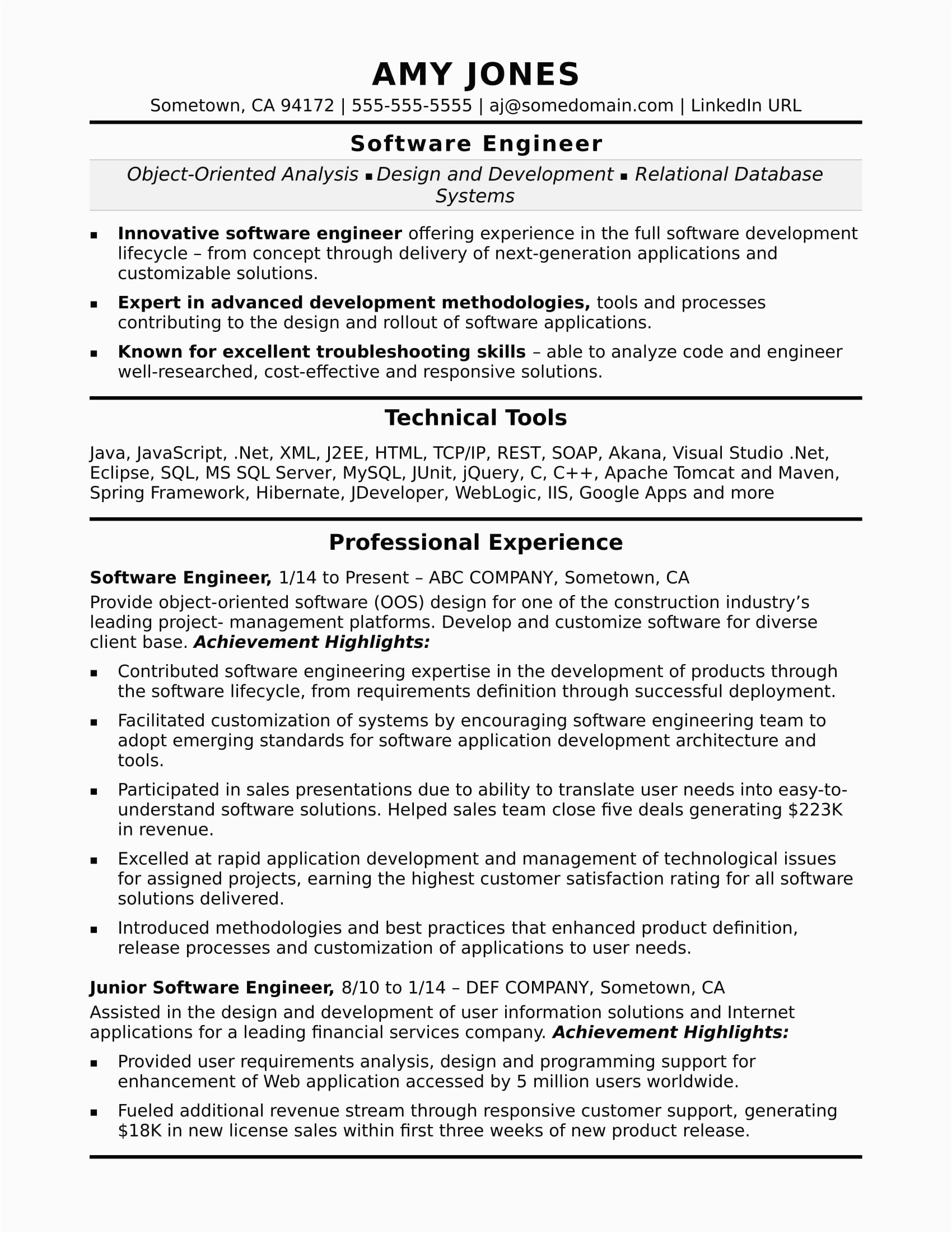 Sample Resume for One Year Experienced software Engineer Sample Resume for E Year Experienced software Engineer