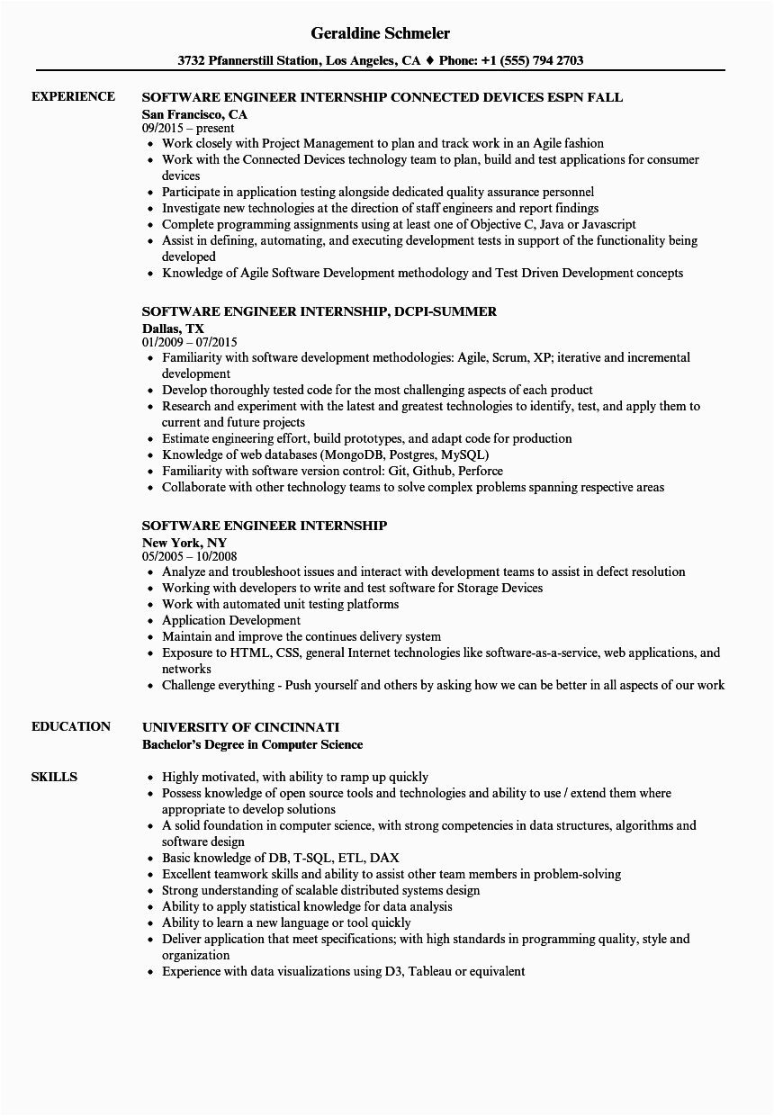 Sample Resume for software Engineer Internship software Engineer Intern Resume Free Resume Templates