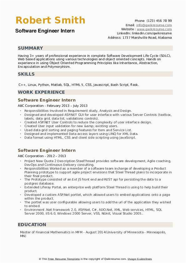 Sample Resume for software Engineer Internship software Engineer Intern Resume Samples