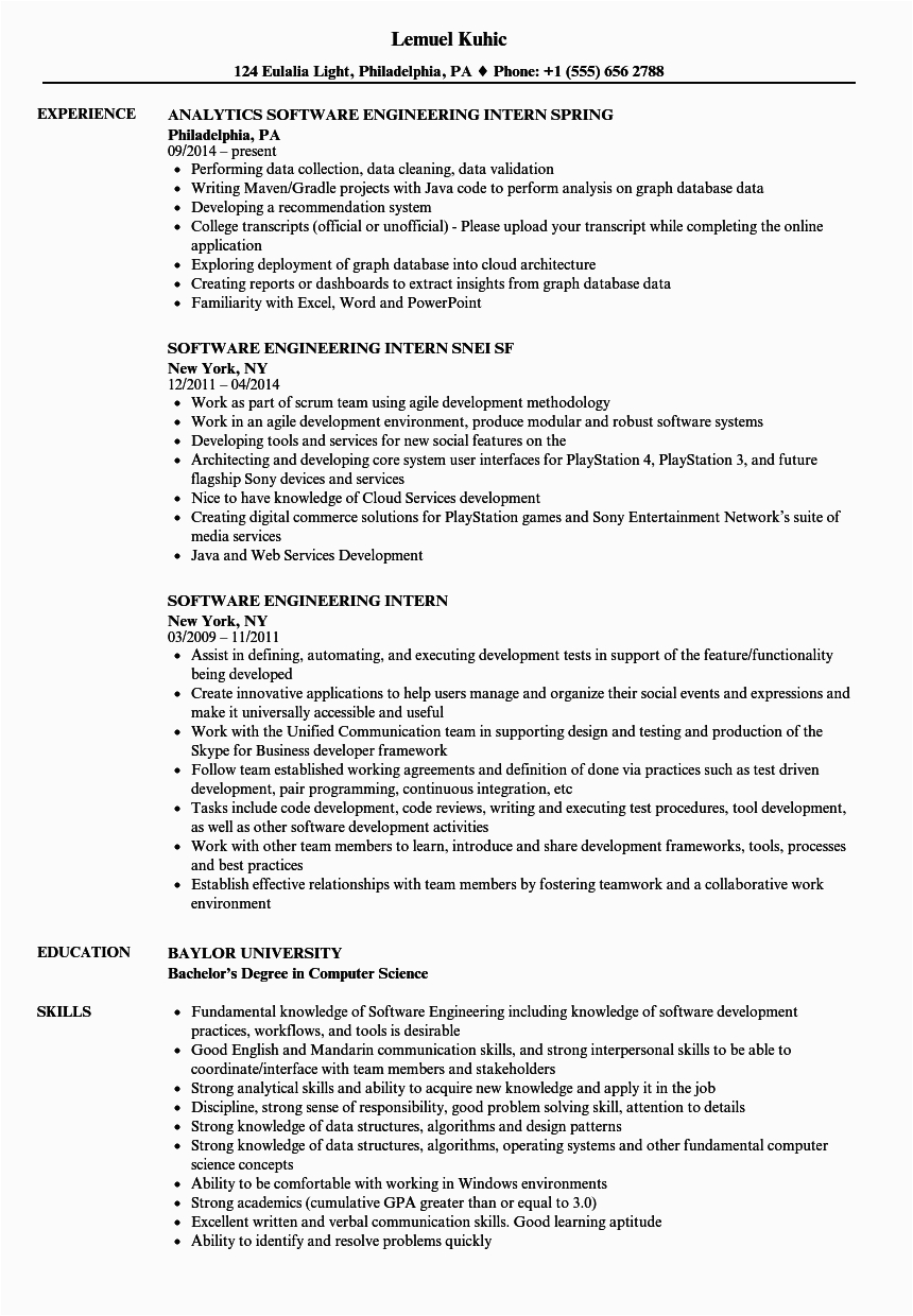 Sample Resume for software Engineer Internship software Engineering Intern Resume Samples