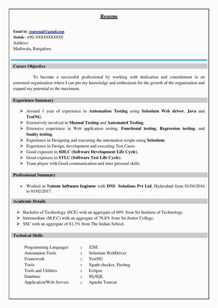 Sample Resume for software Test Engineer Fresher software Testing Resume for Freshers