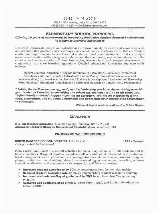 Sample Resume for the Post Of Principal School Administrator Principal S Resume Sample