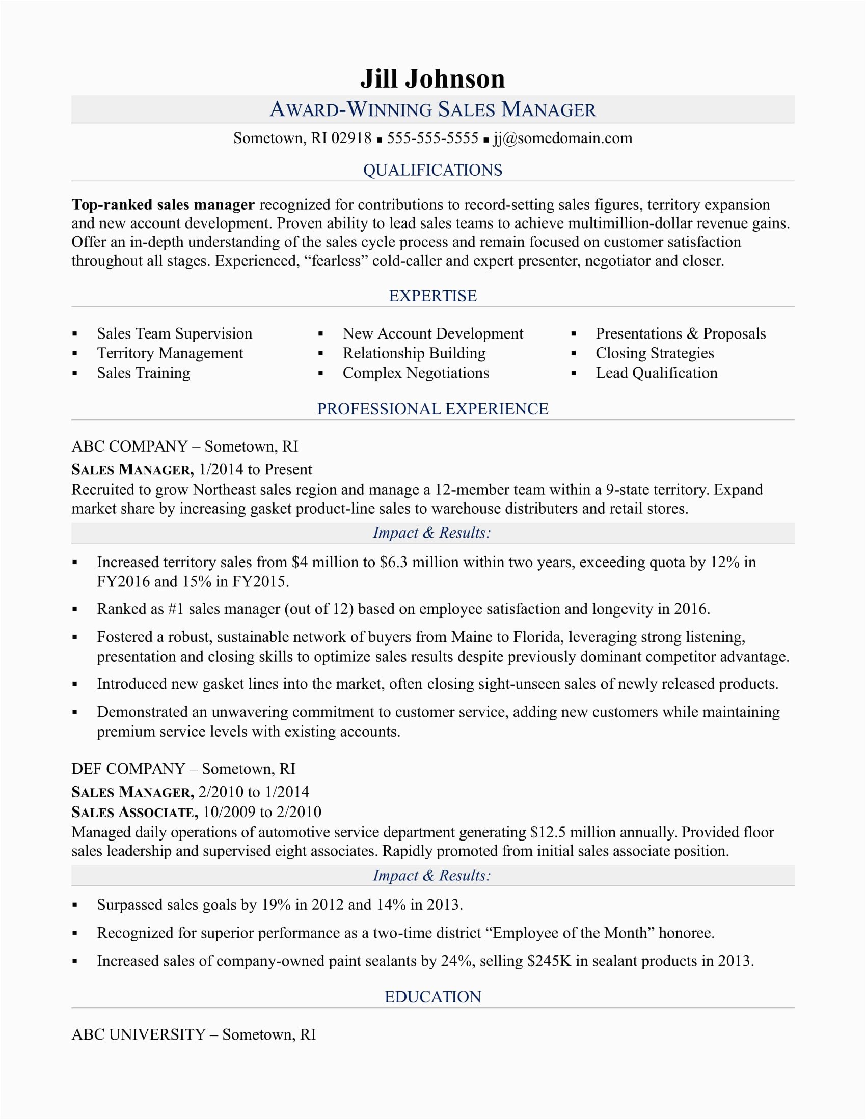Sample Resume for top Management Position Sales Manager Resume Sample