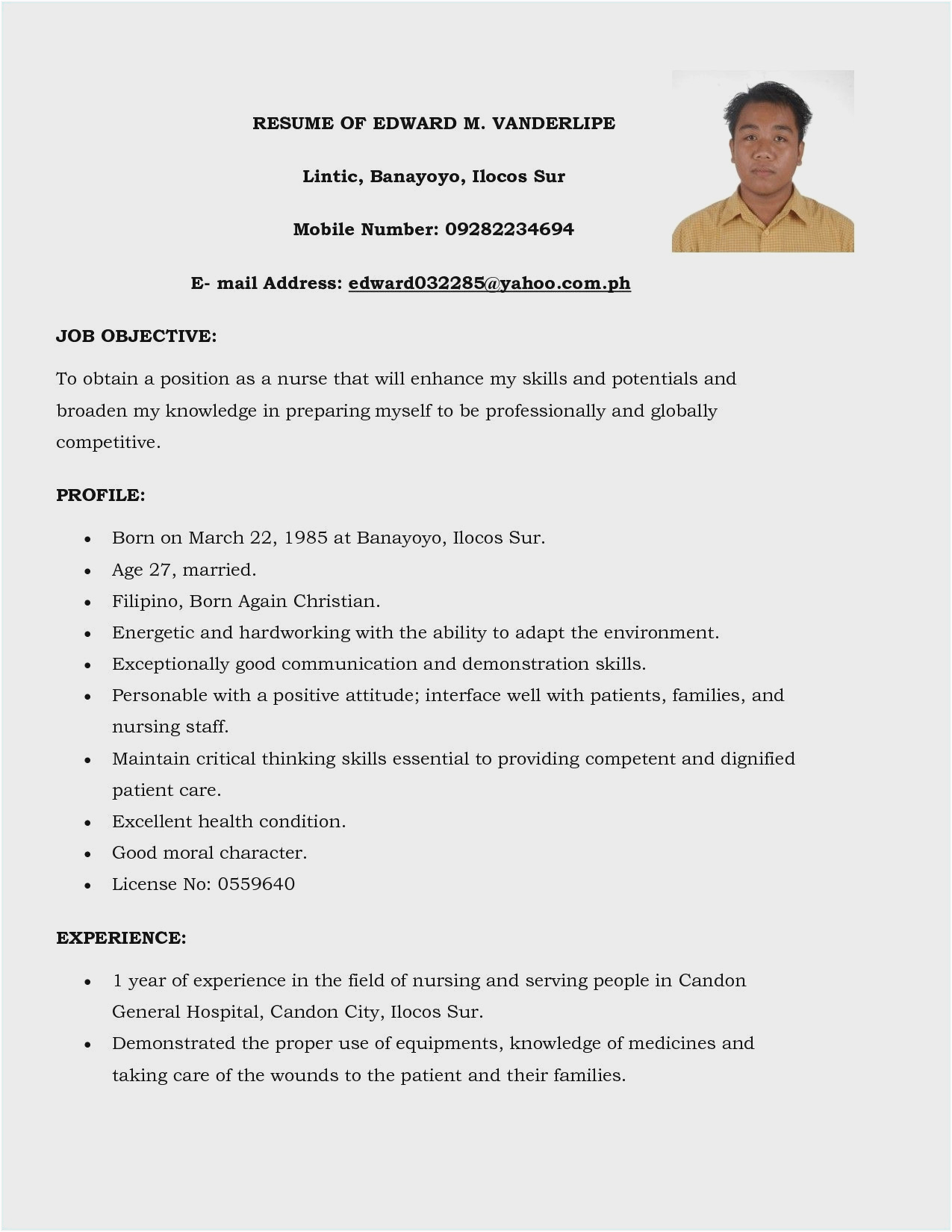 Sample Resume format for Nurses In the Philippines Resume with Picture Philippines