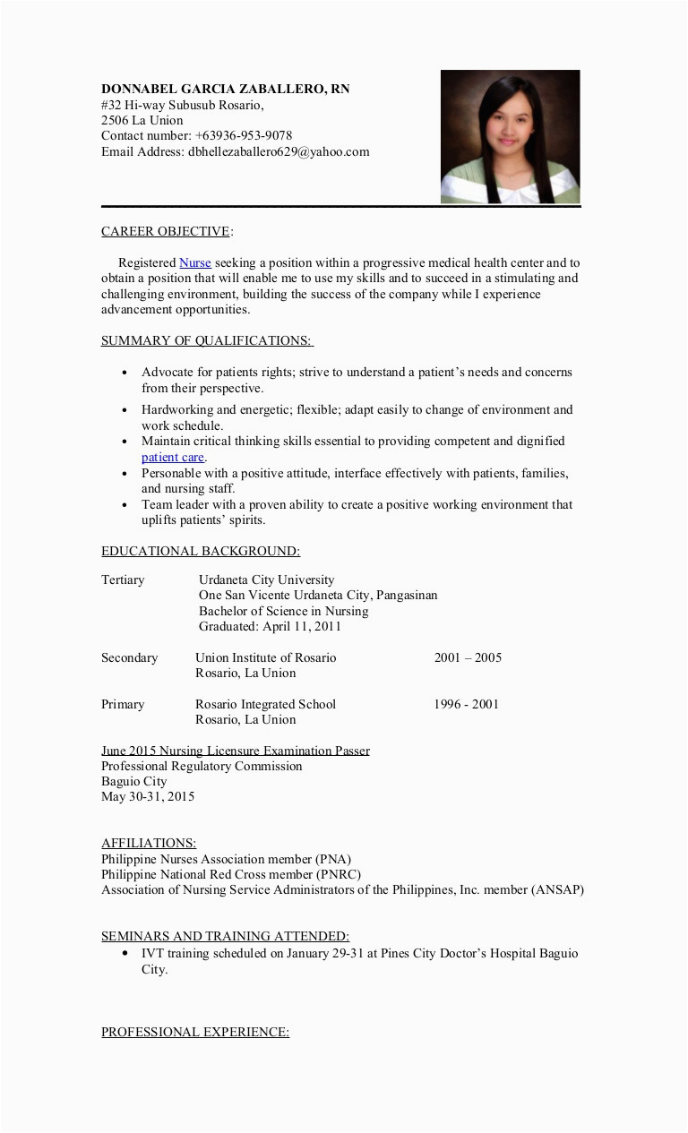 Sample Resume format for Nurses In the Philippines Sample Resume Registered Nurse Philippines – Calarchivesmonth