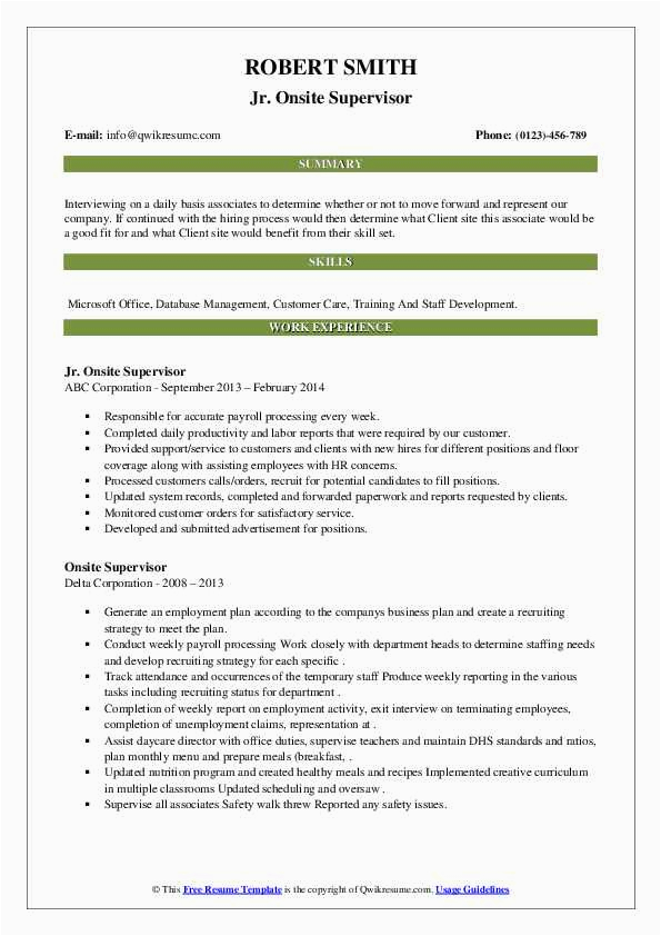 Sample Resume with Onsite Work Experience Site Supervisor Resume Samples