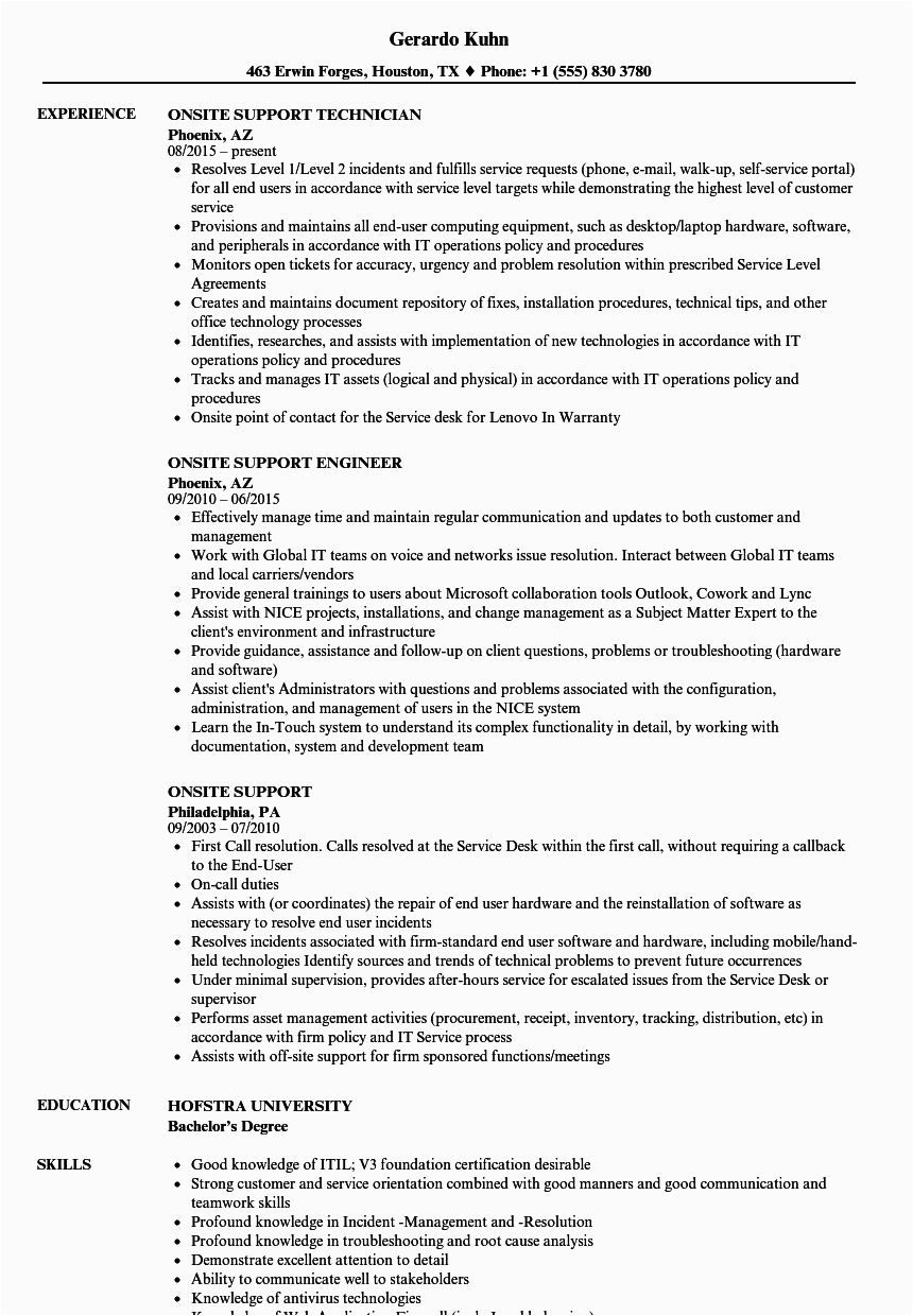 Sample Resume with Onsite Work Experience Site Support Resume Samples