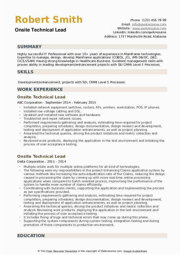 Sample Resume with Onsite Work Experience Site Technical Lead Resume Samples