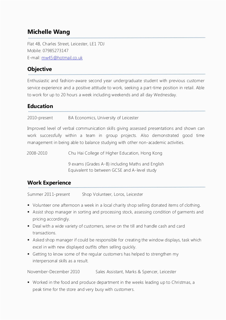 Sample Resume with Part Time Job Experience Example Part Time Cv