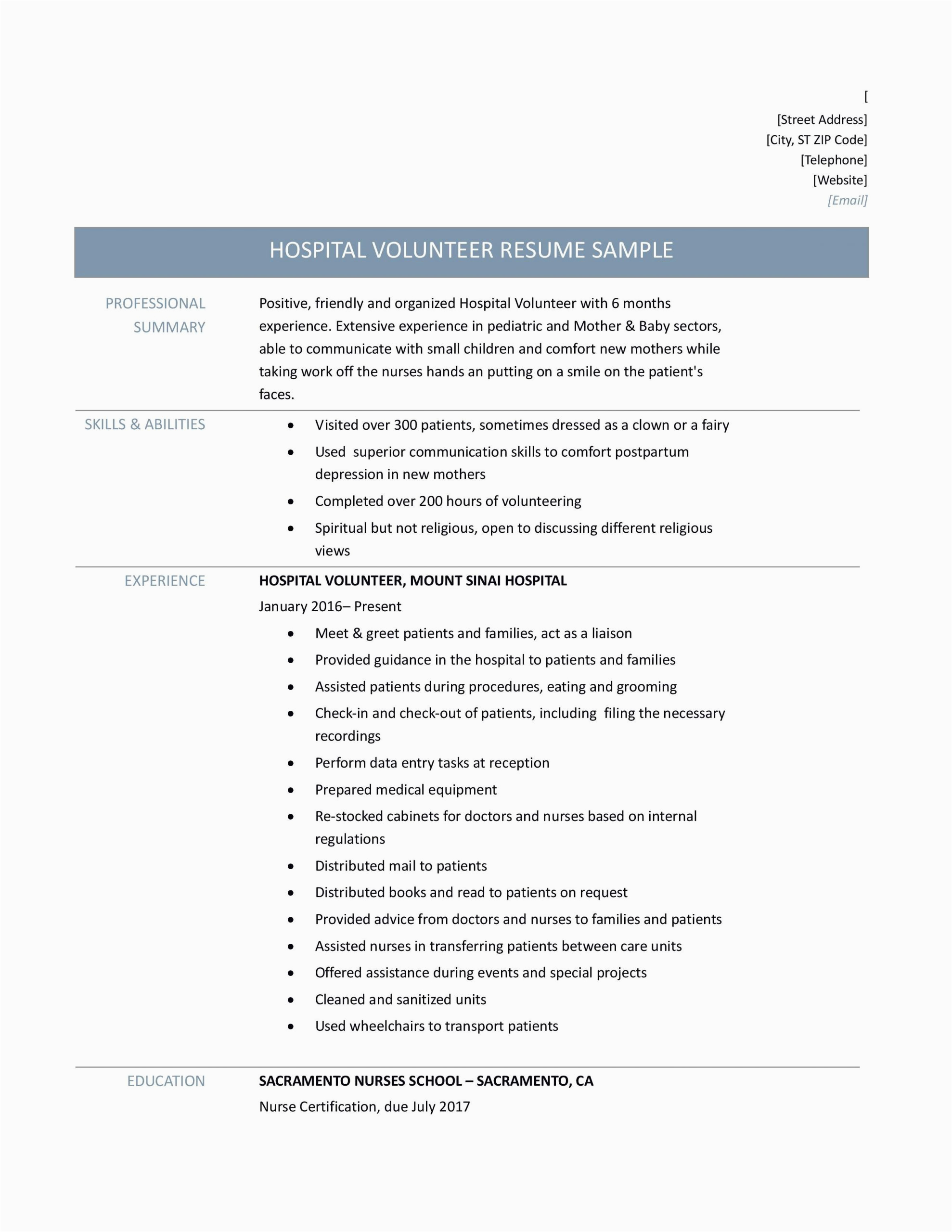 Sample Resume with Volunteer Work Included Hospital Volunteer Duties Resume