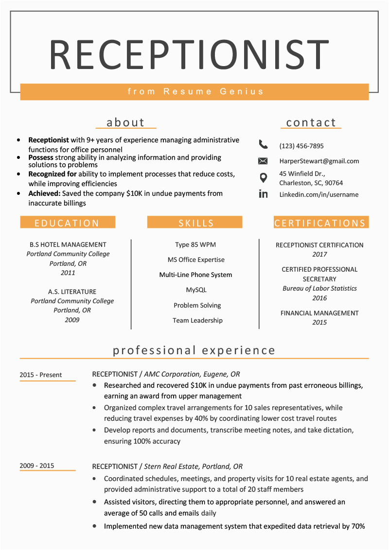 Sample Resumes for Receptionist Admin Positions Receptionist Resume Sample & Writing Guide