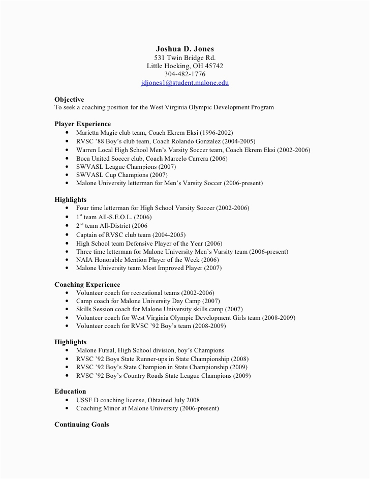 Sample soccer Resume for College Coaches soccer Resume