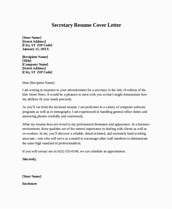Secretary Cover Letter for Resume Samples Free 7 Cover Letter for Resume Samples In Pdf