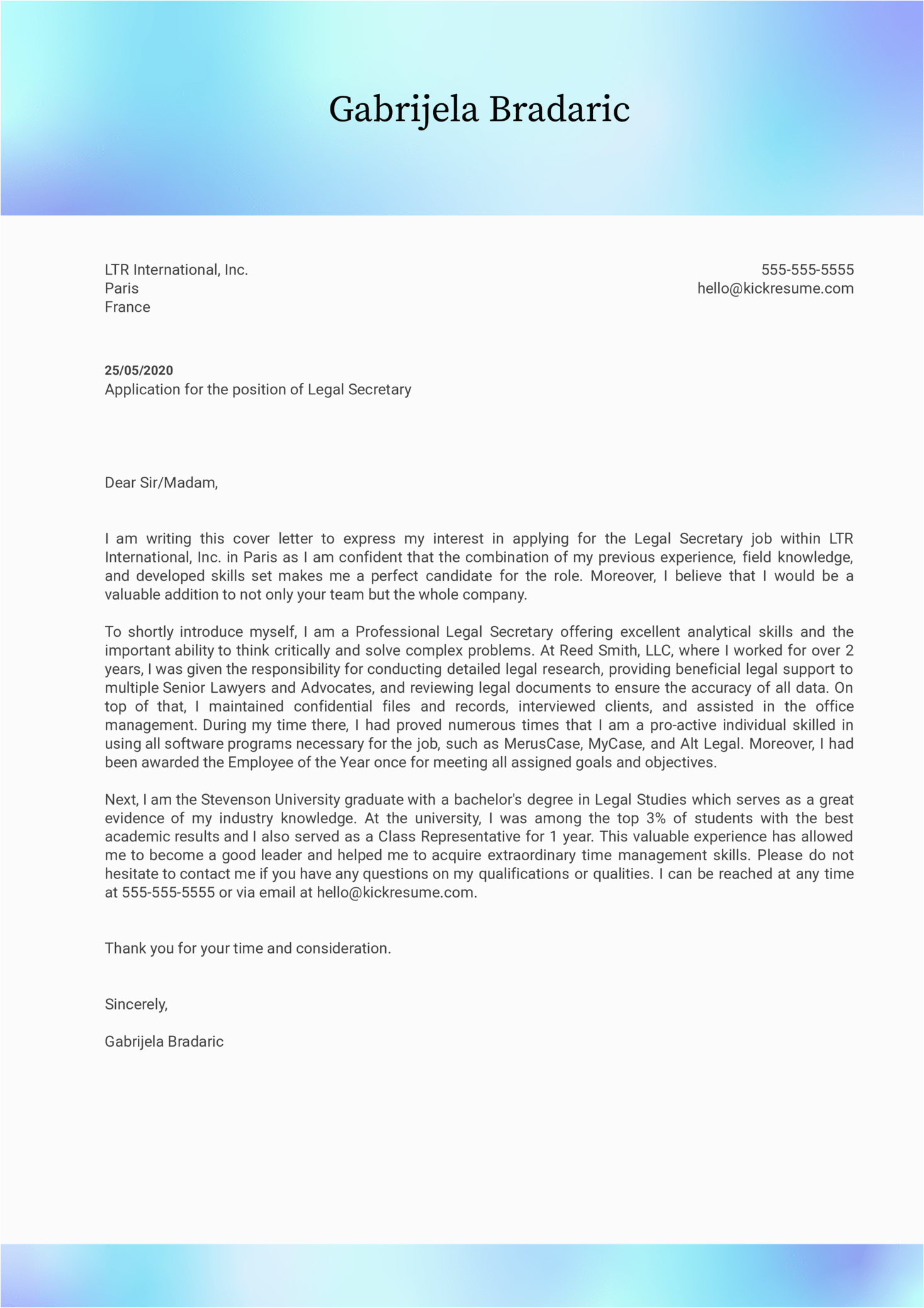 Secretary Cover Letter for Resume Samples Legal Secretary Cover Letter Example