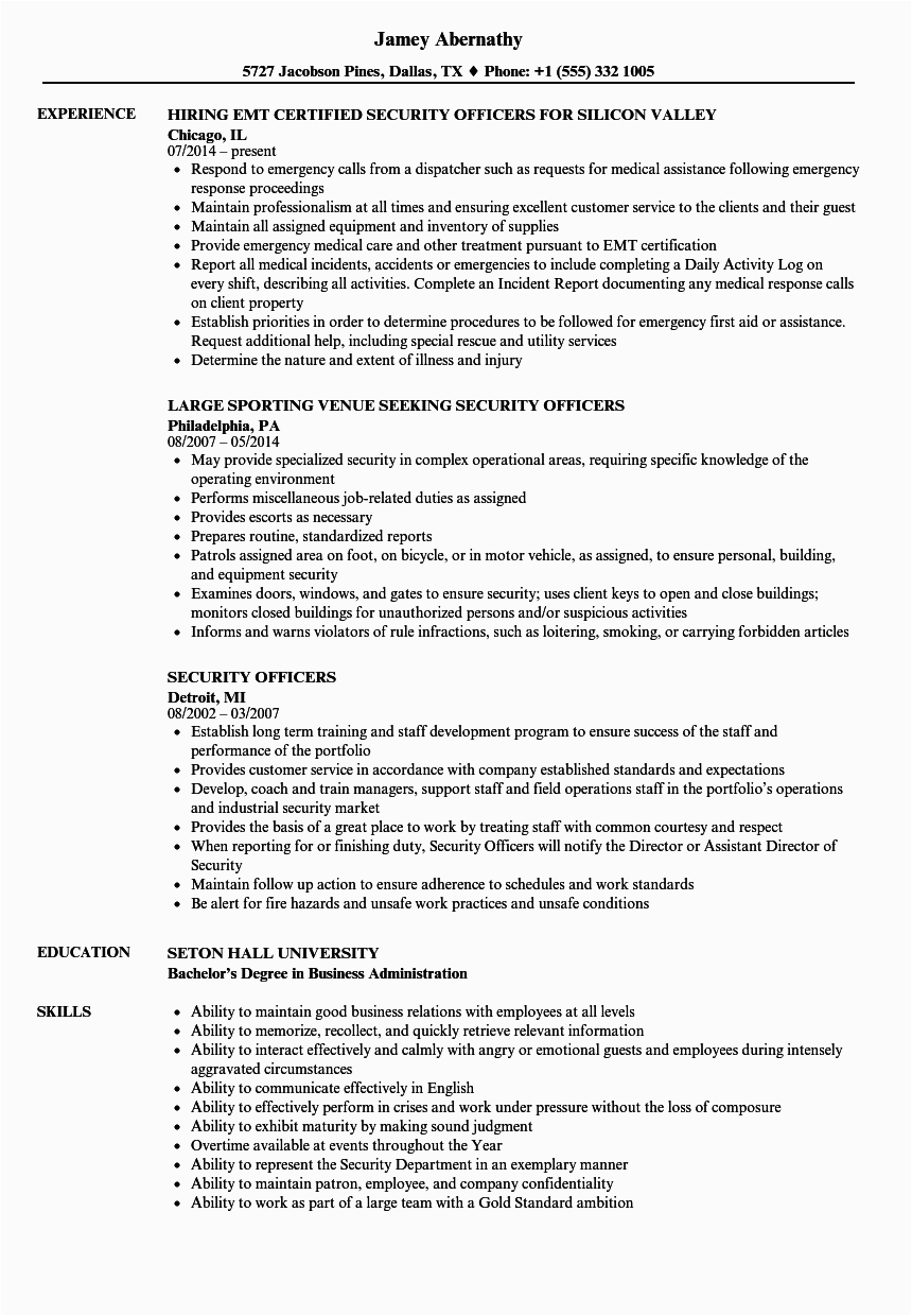 Security Officer Resume Examples and Samples Resumes for Security Guard Mryn ism