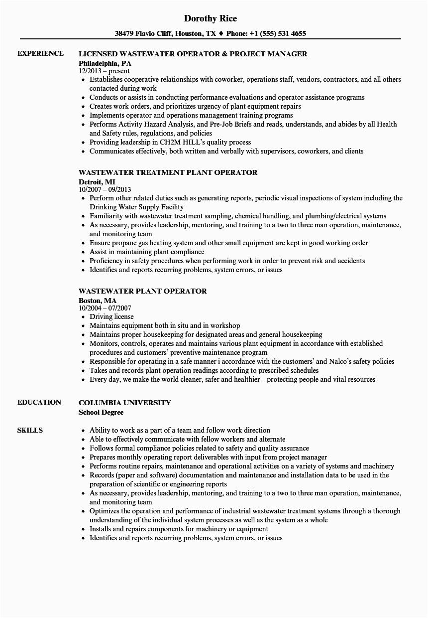 Wastewater Treatment Plant Operator Resume Sample Sewage Plant Operator Cover Letter February 2021