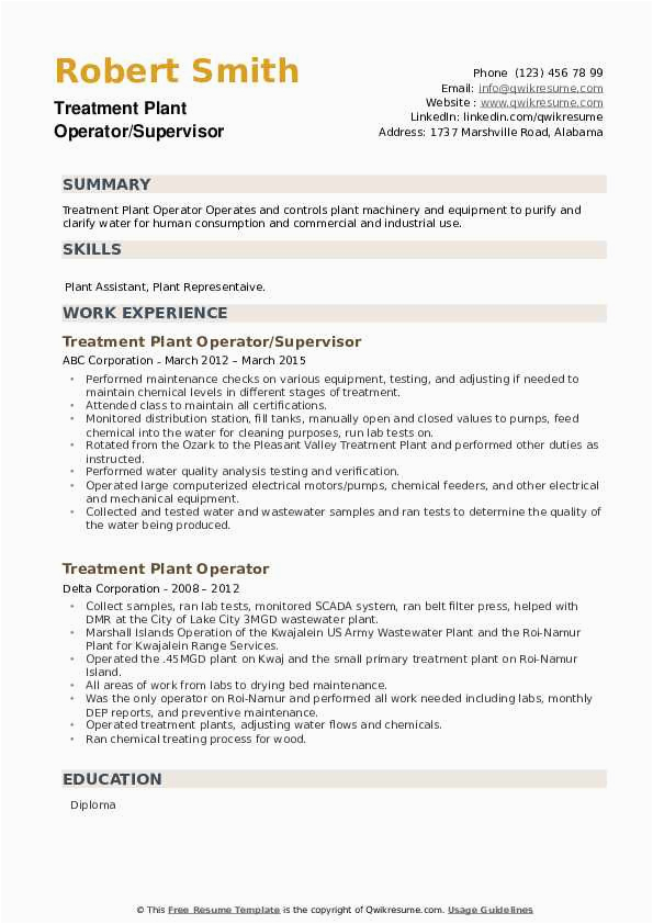 Wastewater Treatment Plant Operator Resume Sample Treatment Plant Operator Resume Samples