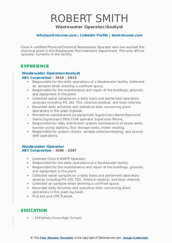 Wastewater Treatment Plant Operator Resume Sample Wastewater Operator Resume Samples