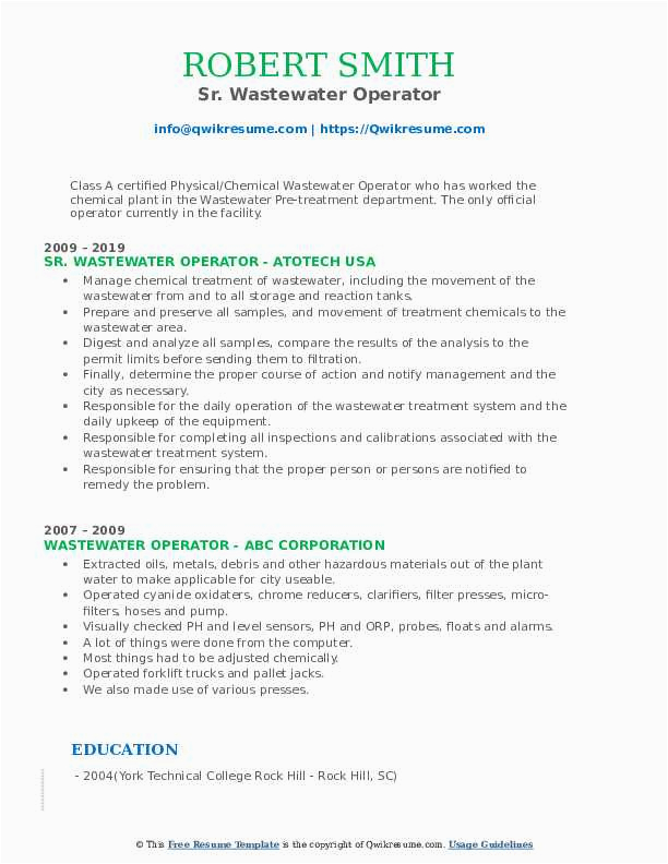 Wastewater Treatment Plant Operator Resume Sample Wastewater Operator Resume Samples
