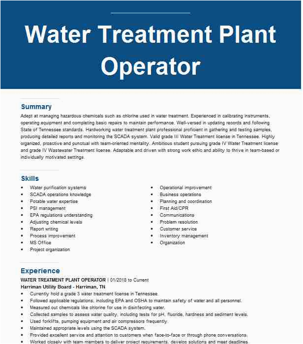 Wastewater Treatment Plant Operator Resume Sample Water Treatment Plant Operator Resume Example Benteler