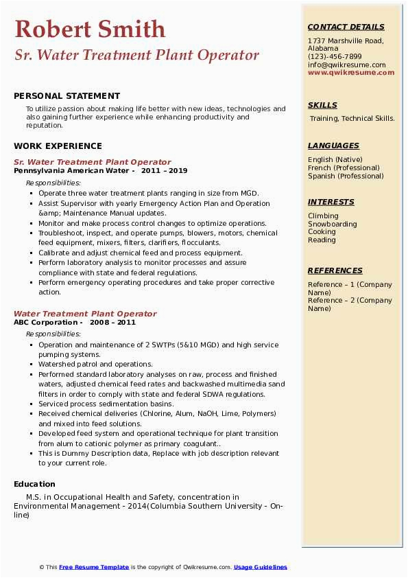 Wastewater Treatment Plant Operator Resume Sample Water Treatment Plant Operator Resume Samples