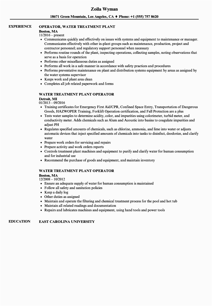 Wastewater Treatment Plant Operator Resume Sample Water Treatment Plant Operator Resume Samples