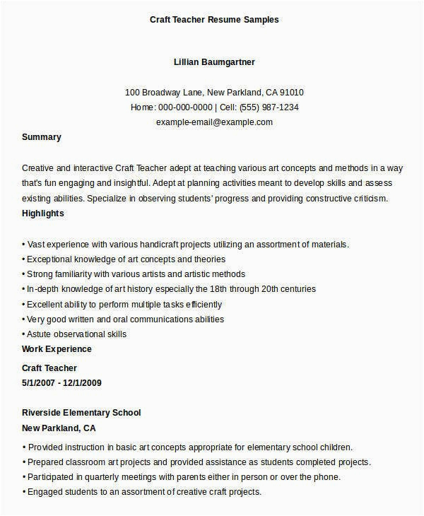 Art and Craft Teacher Resume Samples 23 Professional Teacher Resume Templates Pdf Doc