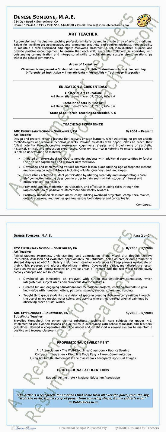 Art and Craft Teacher Resume Samples Art Teacher Resume Example