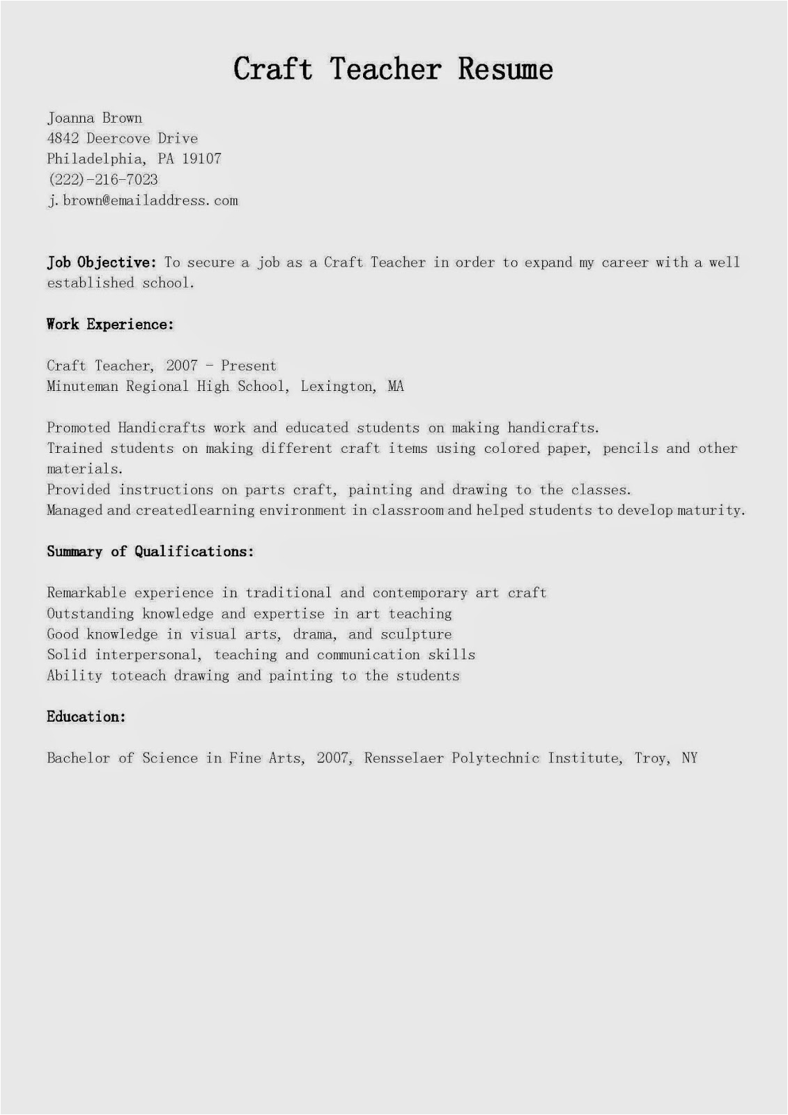 Art and Craft Teacher Resume Samples Resume Samples Craft Teacher Resume Sample