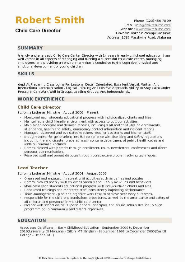 Assistant Director Child Care Resume Sample Child Care Director Resume Samples