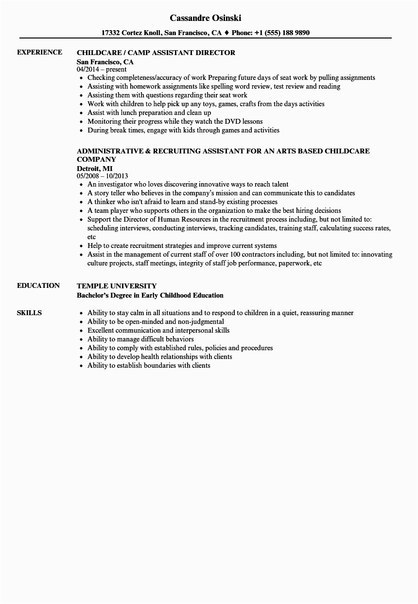 Assistant Director Child Care Resume Sample Childcare assistant Resume Samples