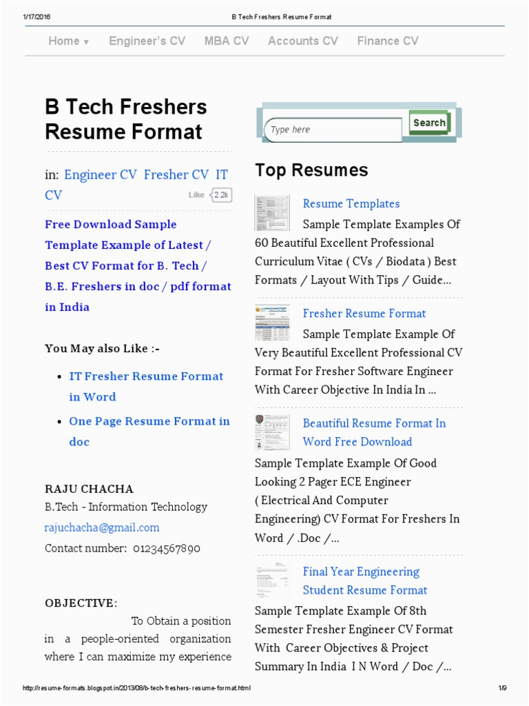 B Tech Ece Fresher Resume Sample Download B Tech Freshers Resume format Résumé