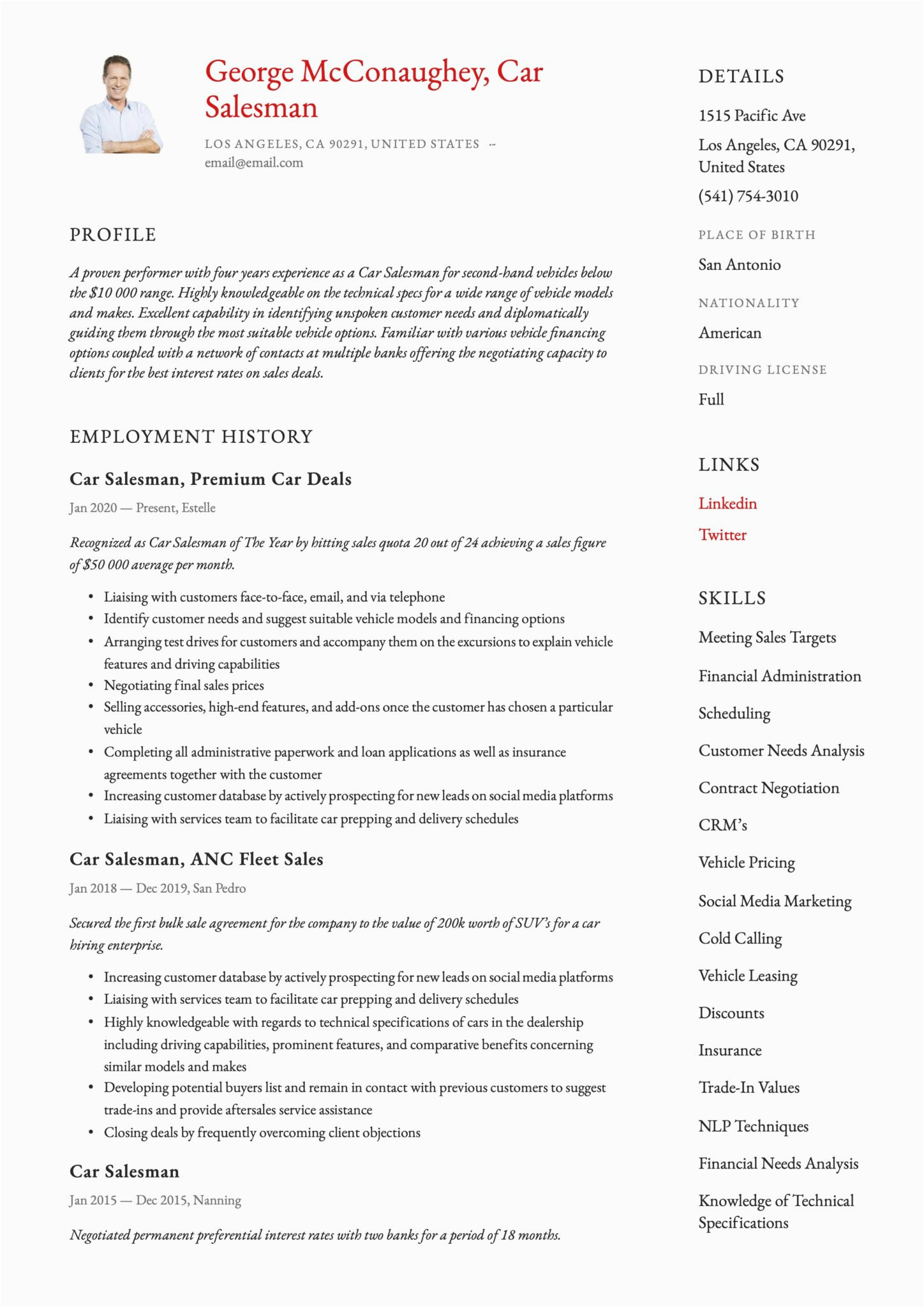 Car Salesman Job Description Resume Sample Car Salesman Resume & Writing Guide