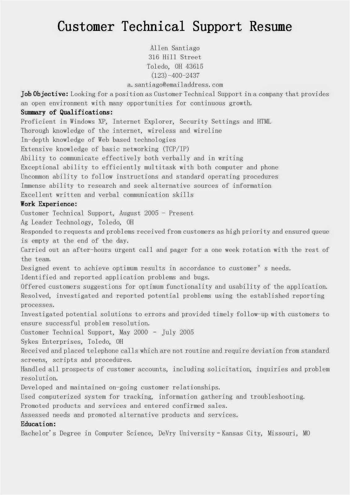 Customer Service Technical Support Sample Resume Resume Samples Customer Technical Support Resume Sample