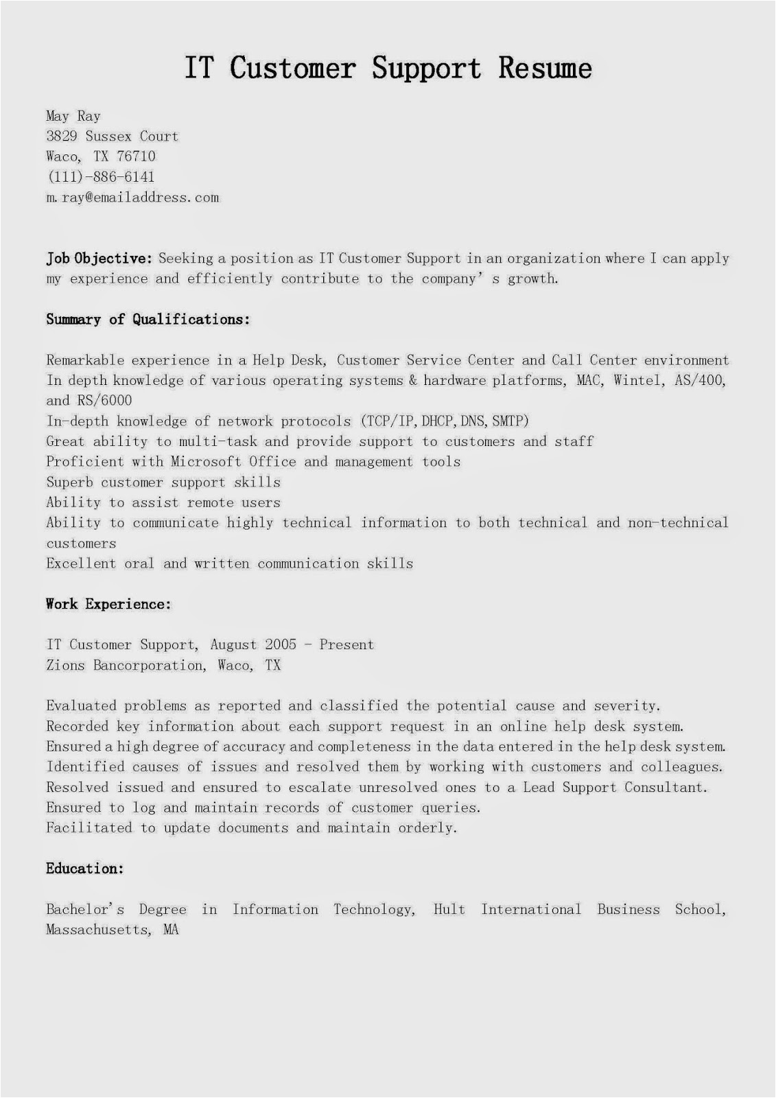 Customer Service Technical Support Sample Resume Resume Samples It Customer Support Resume Sample