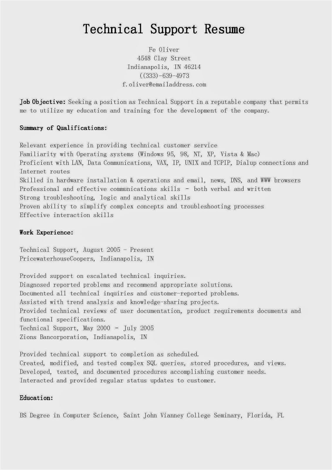 Customer Service Technical Support Sample Resume Resume Samples Technical Support Resume Sample