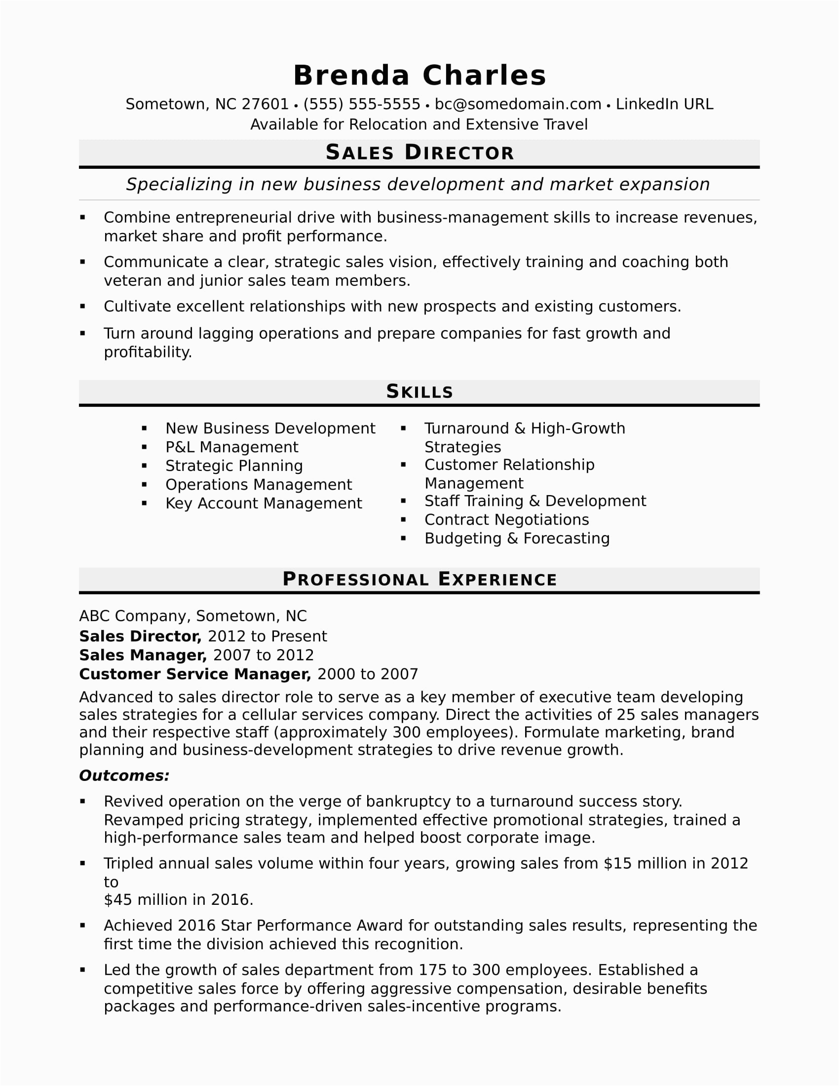 Director Of Sales and Marketing Resume Sample Sales Director Resume Sample