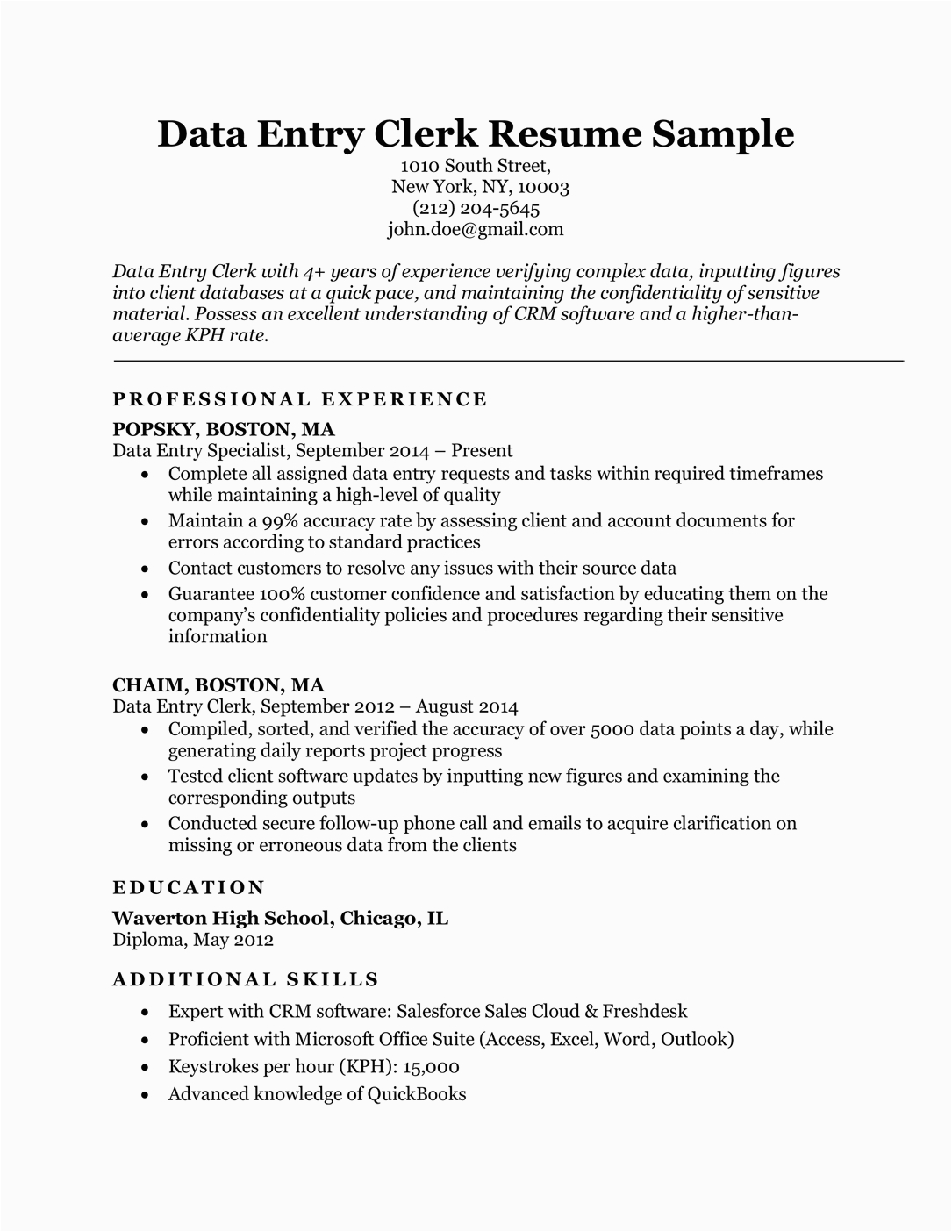 Entry Level Office Clerk Resume Sample Data Entry Clerk Resume Sample