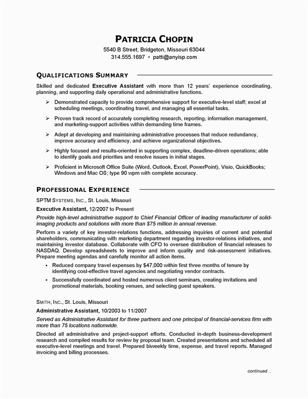 Executive assistant Summary Of Qualifications Sample Resume Resume Template Executive assistant Professional