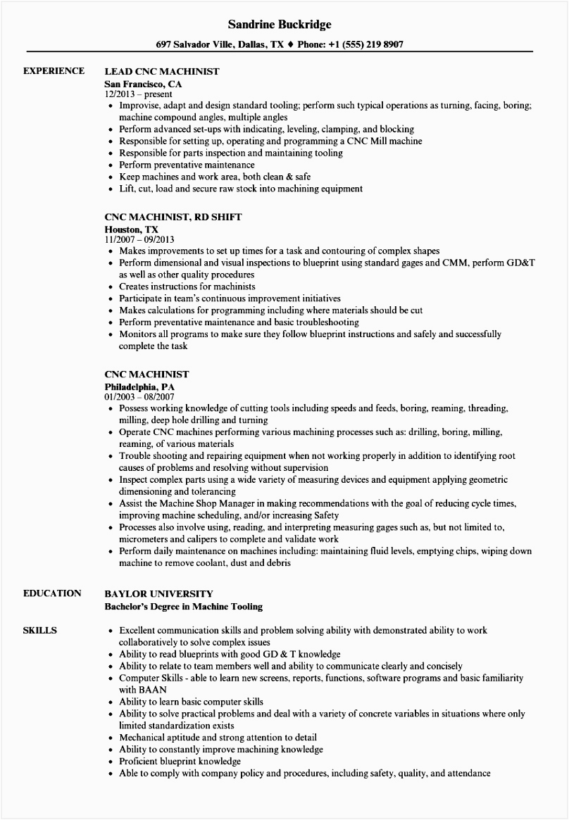 Free Sample Resume for Cnc Machine Operator 6 Machinist Resume Examples Snbgml