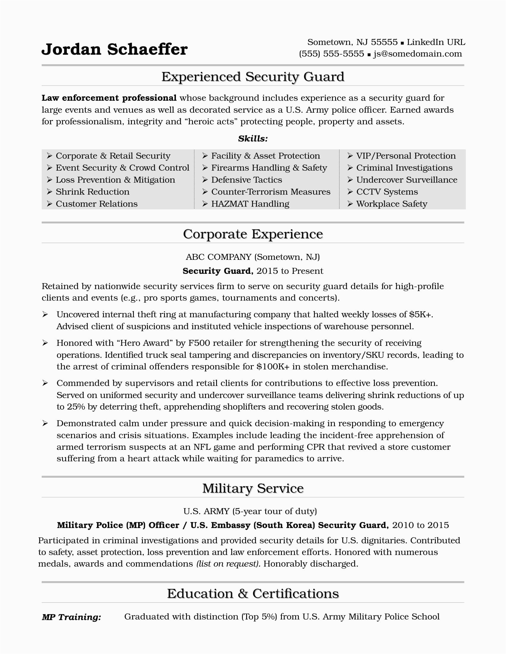 Free Sample Resume for Security Guard Security Guard Resume Sample