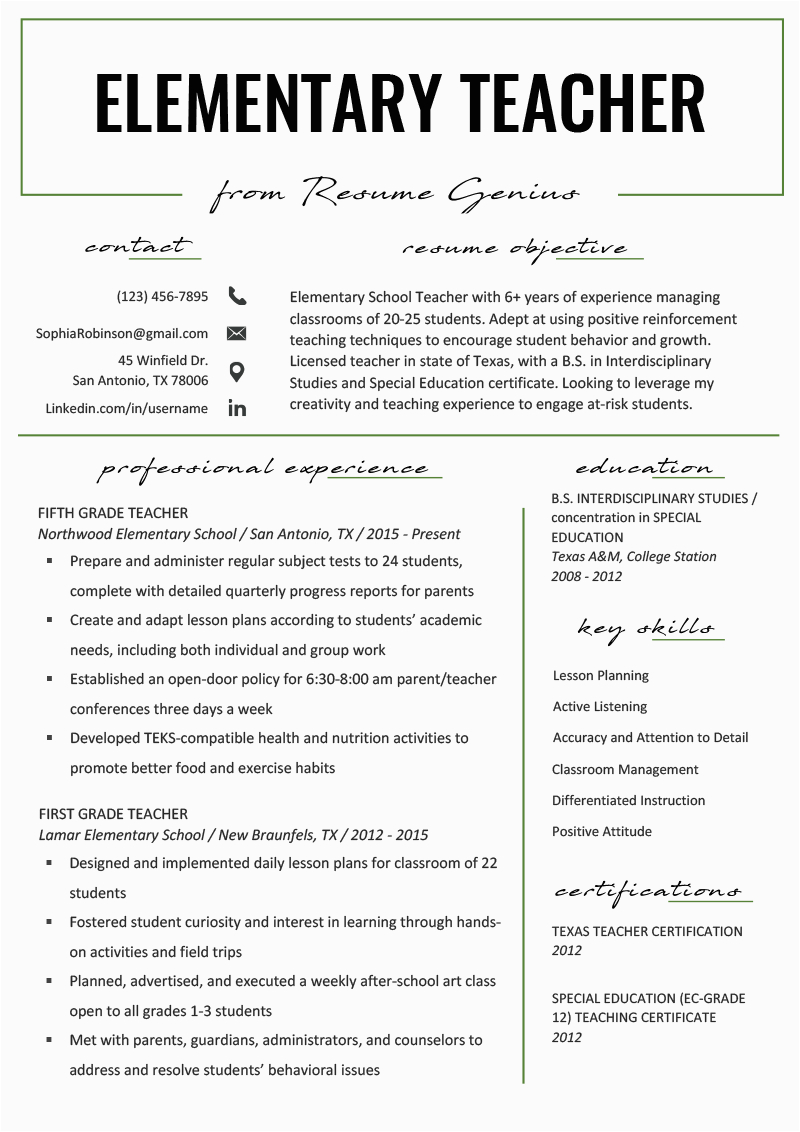 Free Sample Resume for Teachers Doc Elementary Teacher Resume Samples & Writing Guide