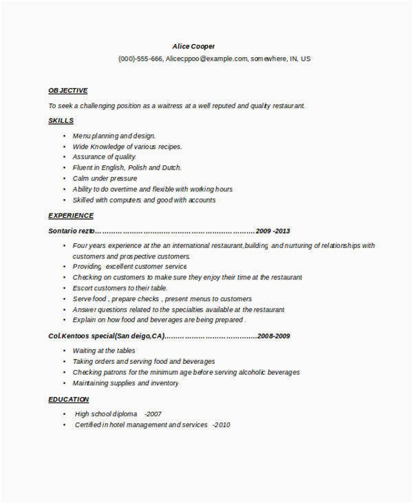 Free Sample Resume for Waitress Position 6 Waitress Resume Templates Free Sample Example format