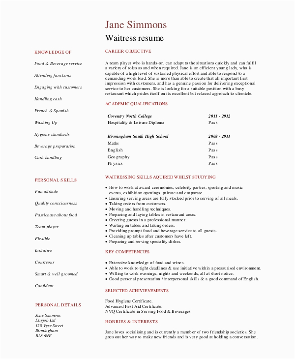 Free Sample Resume for Waitress Position Free 6 Sample Waitress Resume Templates In Pdf