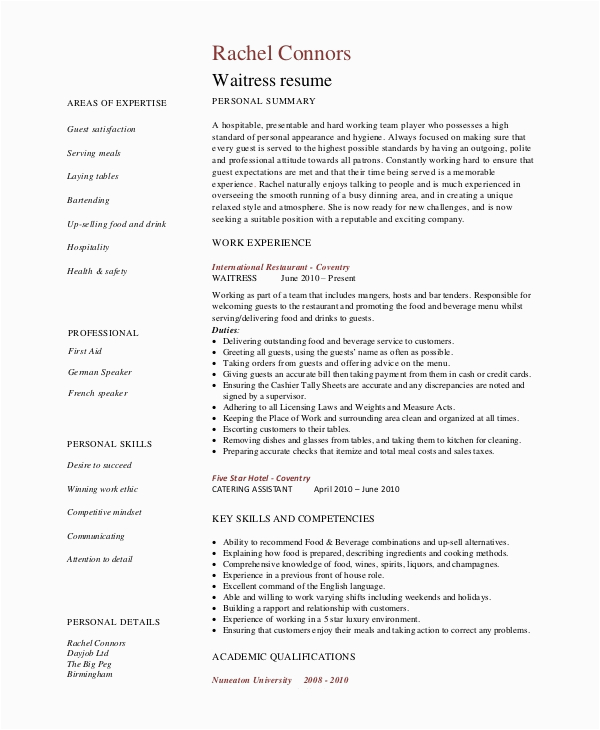 Free Sample Resume for Waitress Position Free 6 Sample Waitress Resume Templates In Pdf