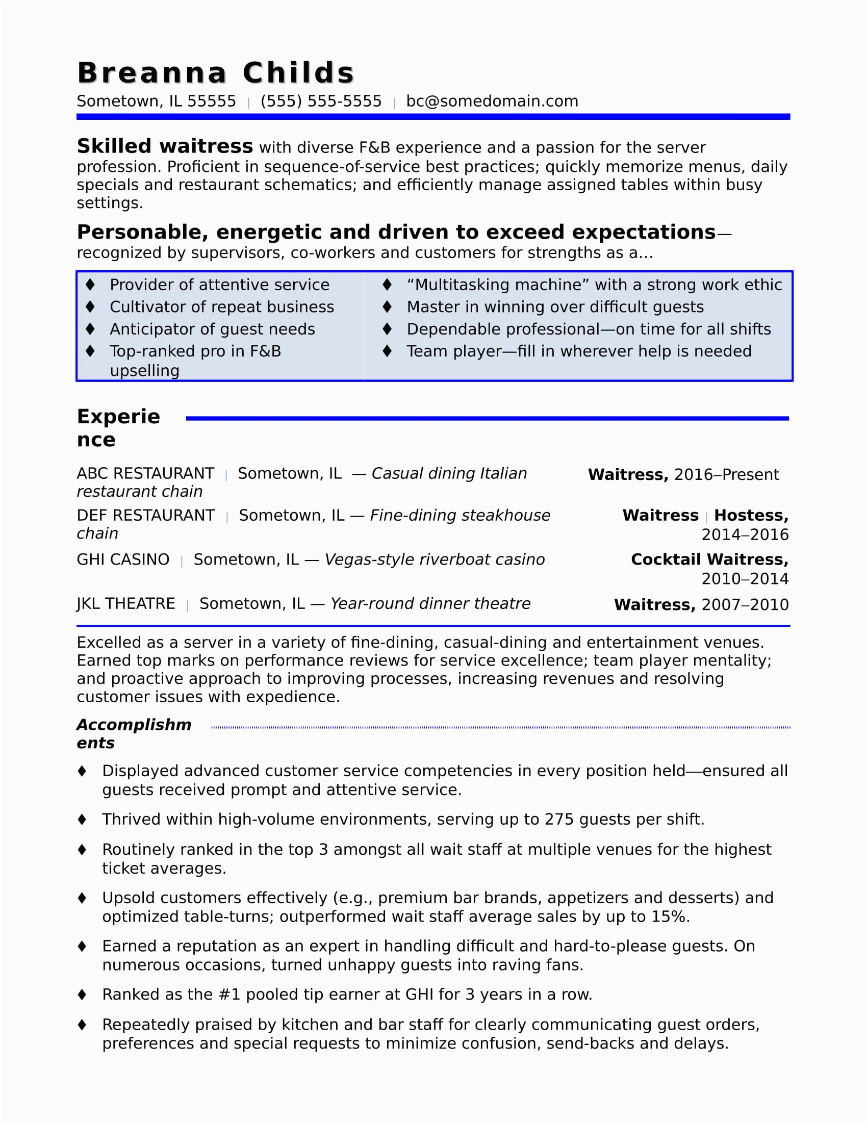 Free Sample Resume for Waitress Position Waitress Resume Sample
