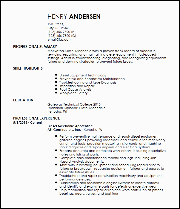 Heavy Duty Mechanic Apprentice Resume Sample Free Entry Level Diesel Mechanic Resume Examples